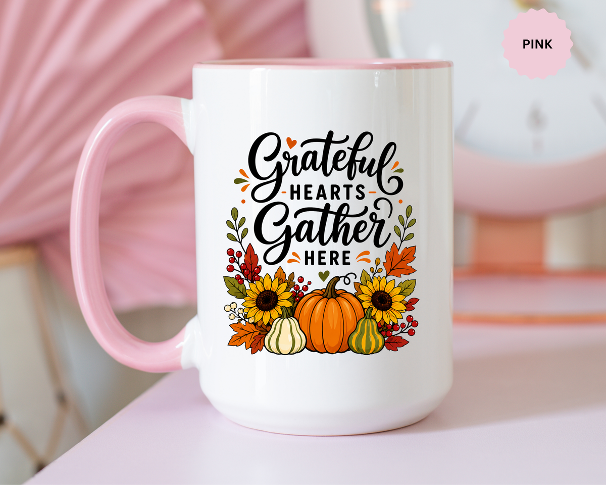 Grateful Hearts Gather Here Mug, Thanksgiving Pumpkin Coffee Cup, Rustic Fall Hostess Gift, Sunflower Harvest Kitchen Decor