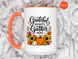 Grateful Hearts Gather Here Mug, Thanksgiving Pumpkin Coffee Cup, Rustic Fall Hostess Gift, Sunflower Harvest Kitchen Decor