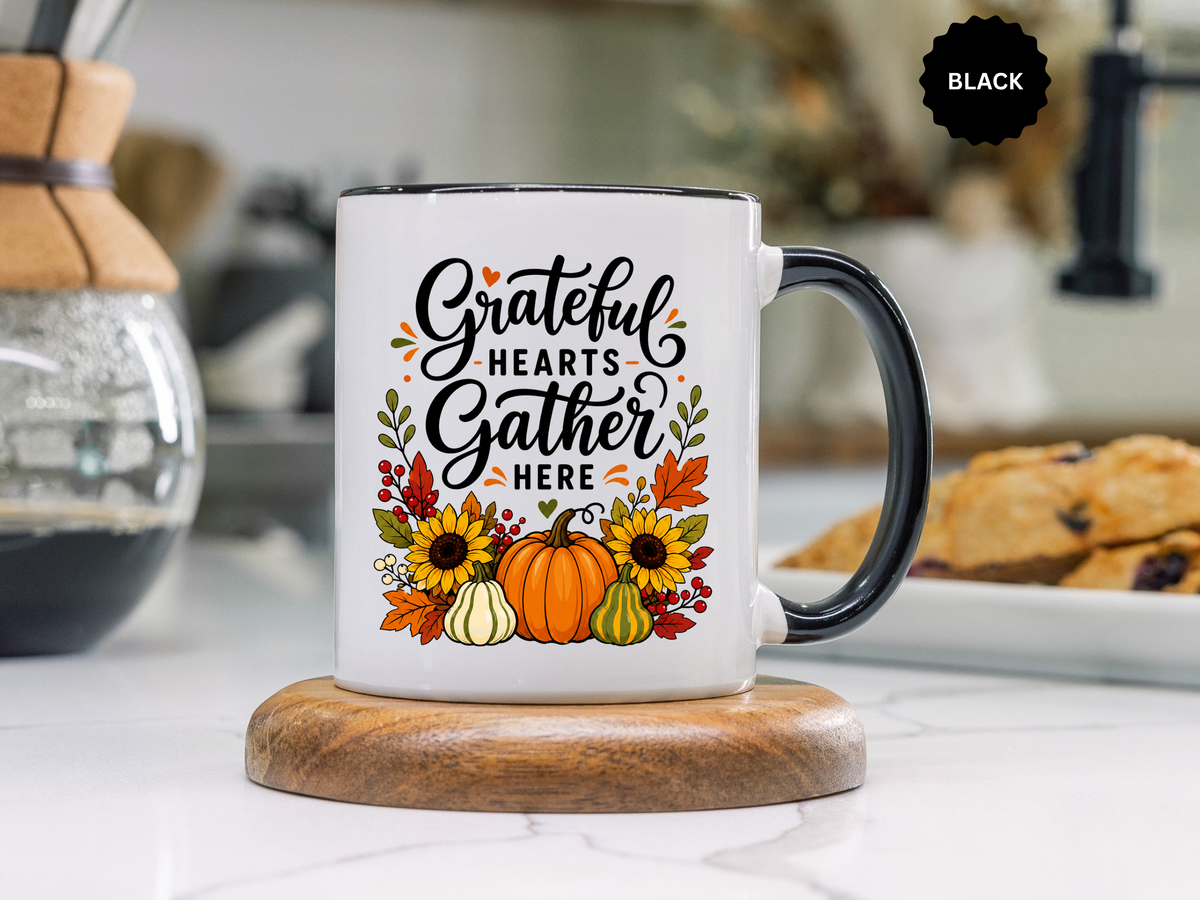 Grateful Hearts Gather Here Mug, Thanksgiving Pumpkin Coffee Cup, Rustic Fall Hostess Gift, Sunflower Harvest Kitchen Decor