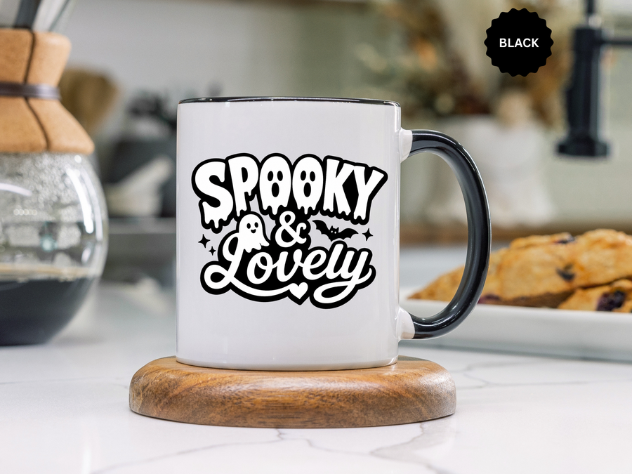 Spooky and Lovely Mug, Cute Ghost Halloween Coffee Cup, Black and White Spooky Season Gift for Her, Gothic Fall Drinkware