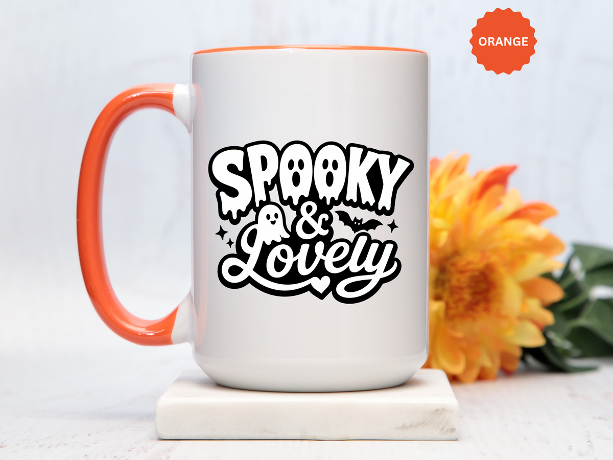 Spooky and Lovely Mug, Cute Ghost Halloween Coffee Cup, Black and White Spooky Season Gift for Her, Gothic Fall Drinkware
