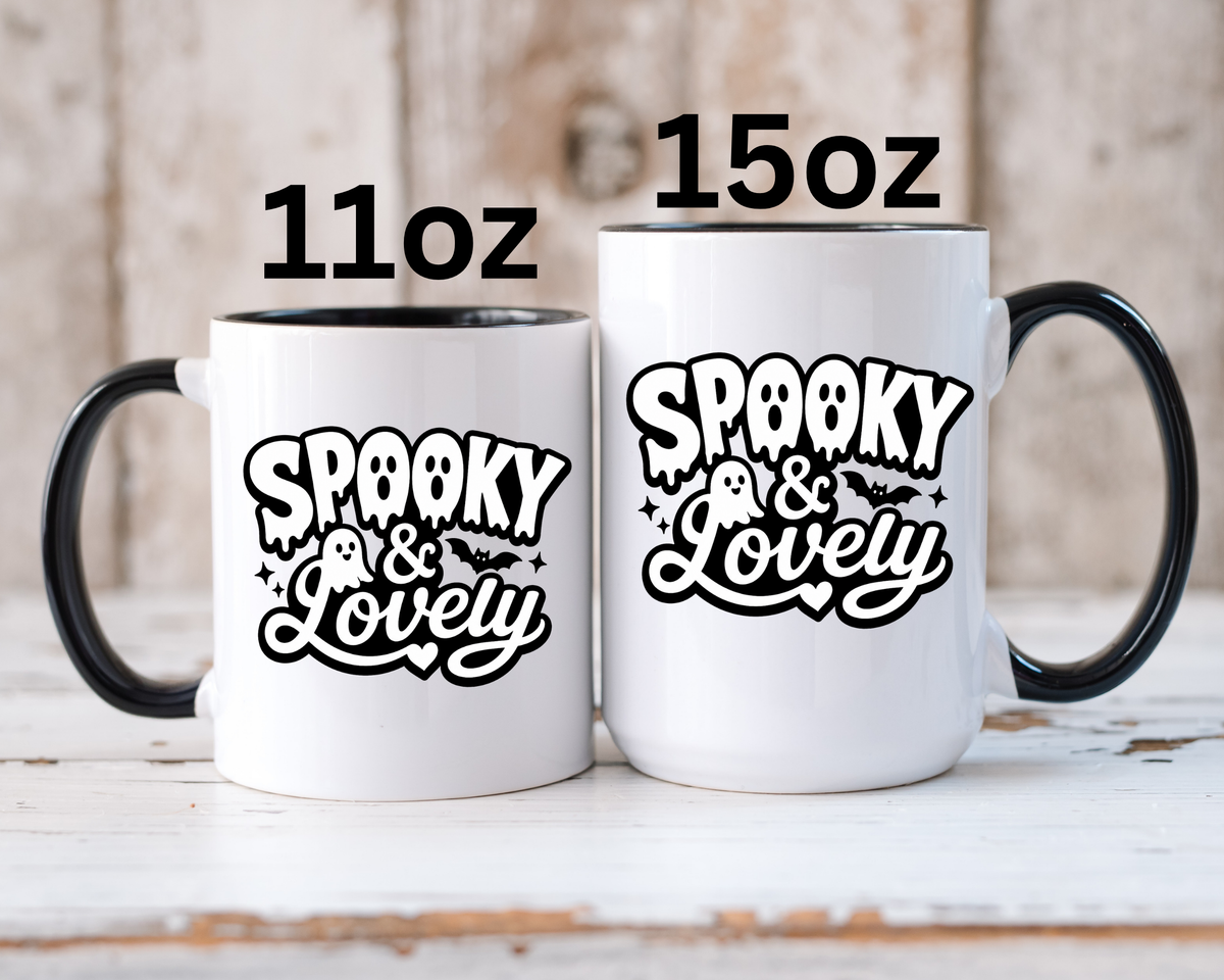 Spooky and Lovely Mug, Cute Ghost Halloween Coffee Cup, Black and White Spooky Season Gift for Her, Gothic Fall Drinkware