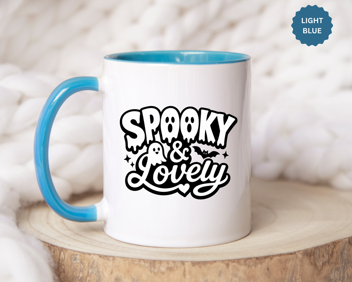 Spooky and Lovely Mug, Cute Ghost Halloween Coffee Cup, Black and White Spooky Season Gift for Her, Gothic Fall Drinkware
