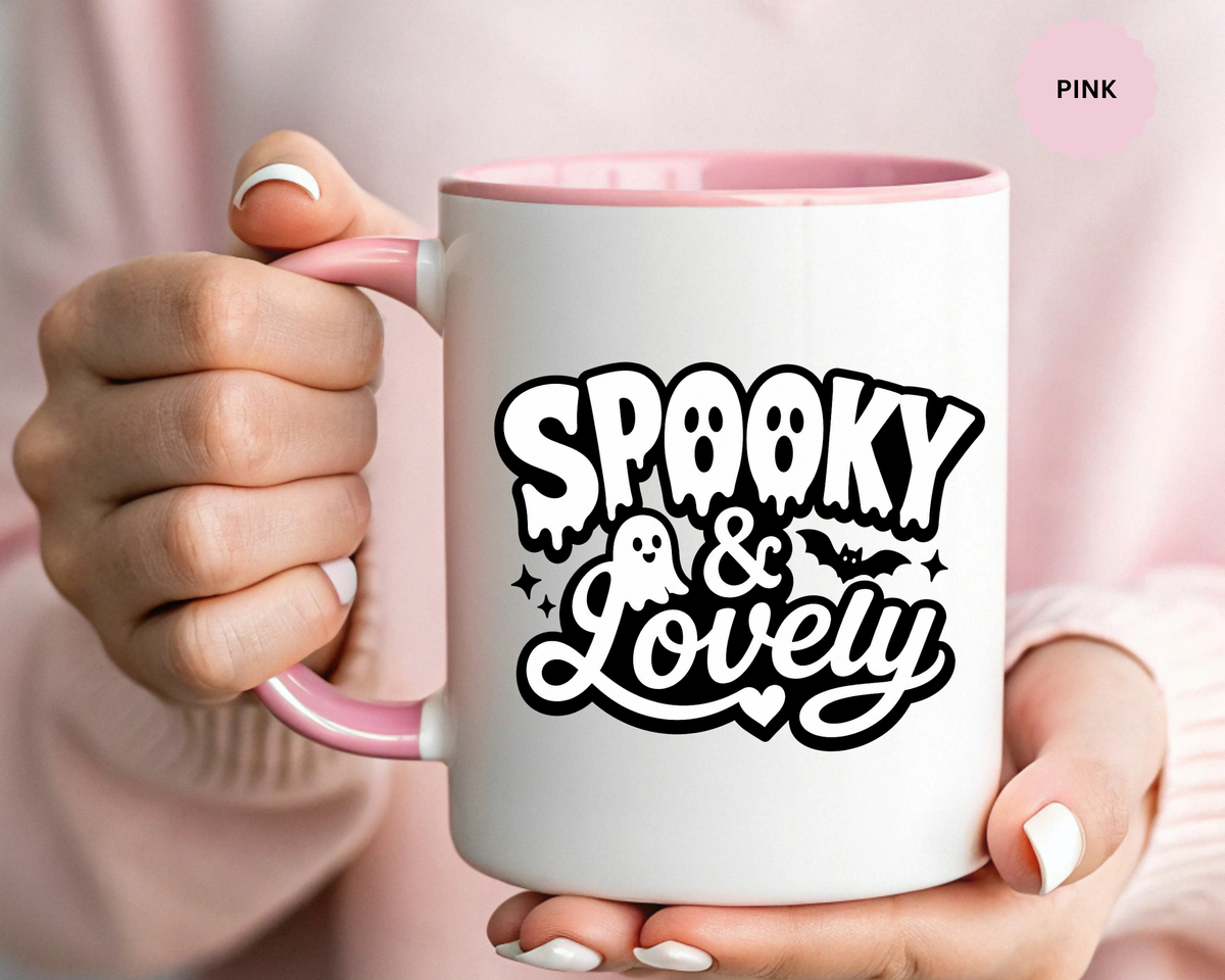 Spooky and Lovely Mug, Cute Ghost Halloween Coffee Cup, Black and White Spooky Season Gift for Her, Gothic Fall Drinkware