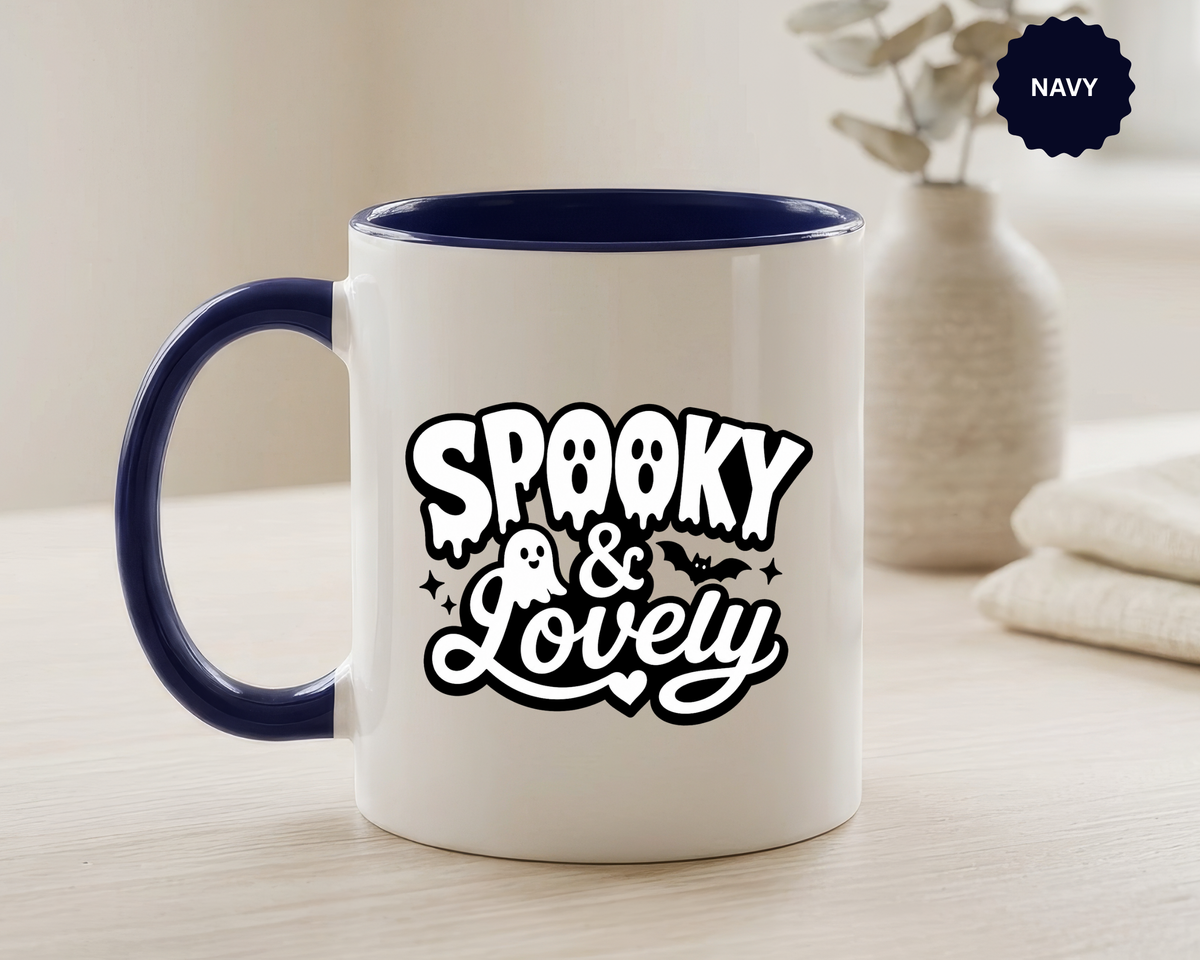 Spooky and Lovely Mug, Cute Ghost Halloween Coffee Cup, Black and White Spooky Season Gift for Her, Gothic Fall Drinkware