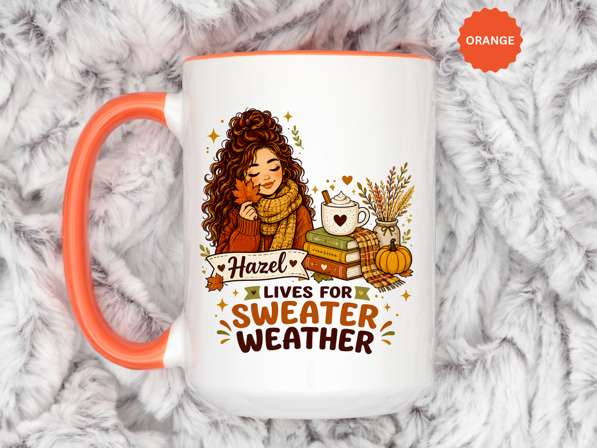 Personalized Sweater Weather Mug, Custom Name Fall Coffee Cup, Cozy Book Lover Gift for Her, Autumn Pumpkin and Reading Design