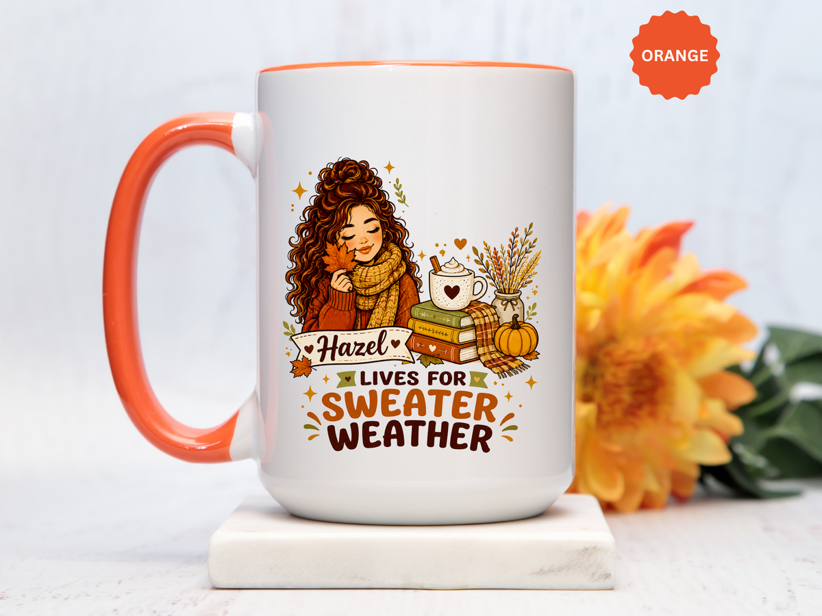 Personalized Sweater Weather Mug, Custom Name Fall Coffee Cup, Cozy Book Lover Gift for Her, Autumn Pumpkin and Reading Design