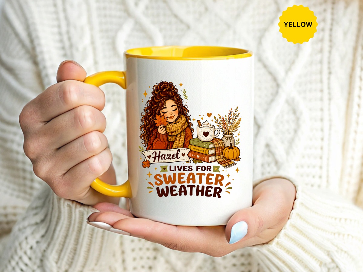 Personalized Sweater Weather Mug, Custom Name Fall Coffee Cup, Cozy Book Lover Gift for Her, Autumn Pumpkin and Reading Design