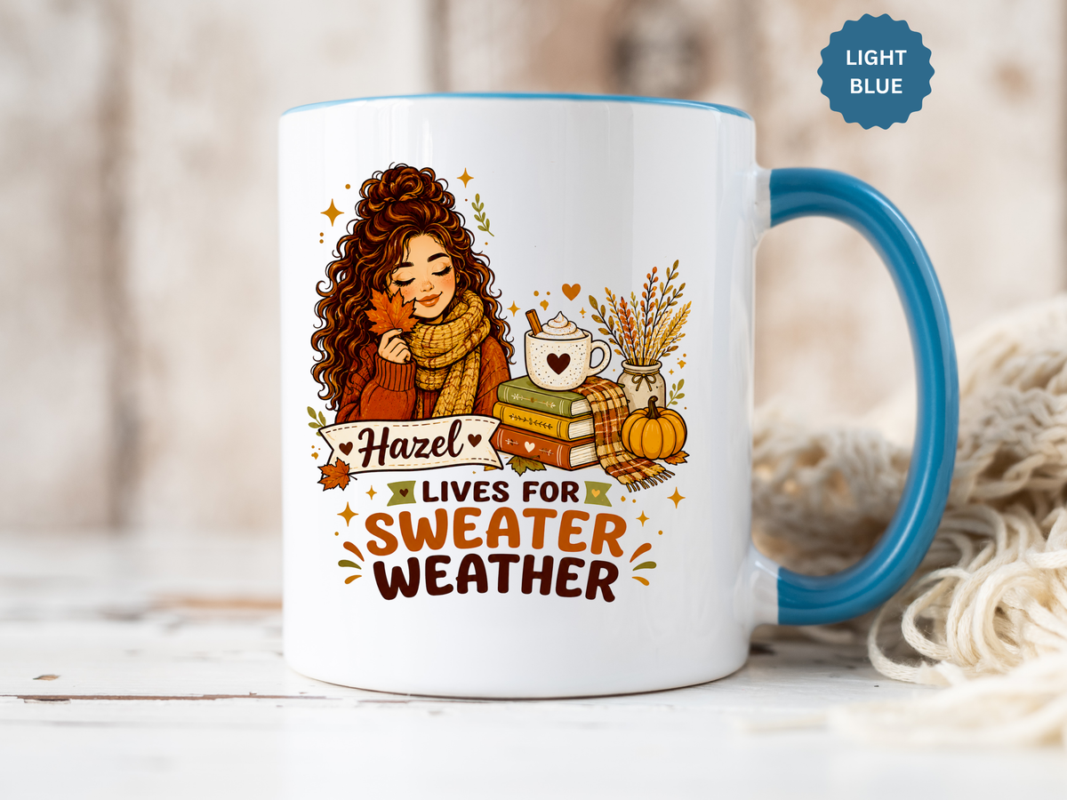 Personalized Sweater Weather Mug, Custom Name Fall Coffee Cup, Cozy Book Lover Gift for Her, Autumn Pumpkin and Reading Design