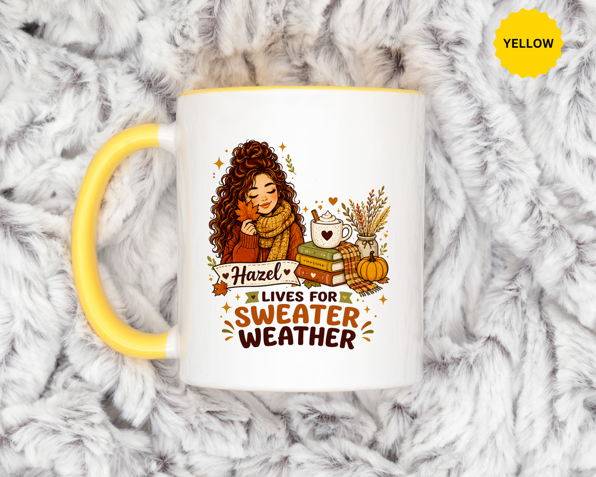 Personalized Sweater Weather Mug, Custom Name Fall Coffee Cup, Cozy Book Lover Gift for Her, Autumn Pumpkin and Reading Design
