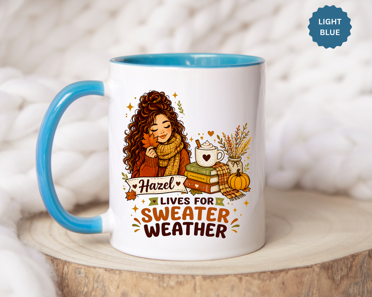 Personalized Sweater Weather Mug, Custom Name Fall Coffee Cup, Cozy Book Lover Gift for Her, Autumn Pumpkin and Reading Design
