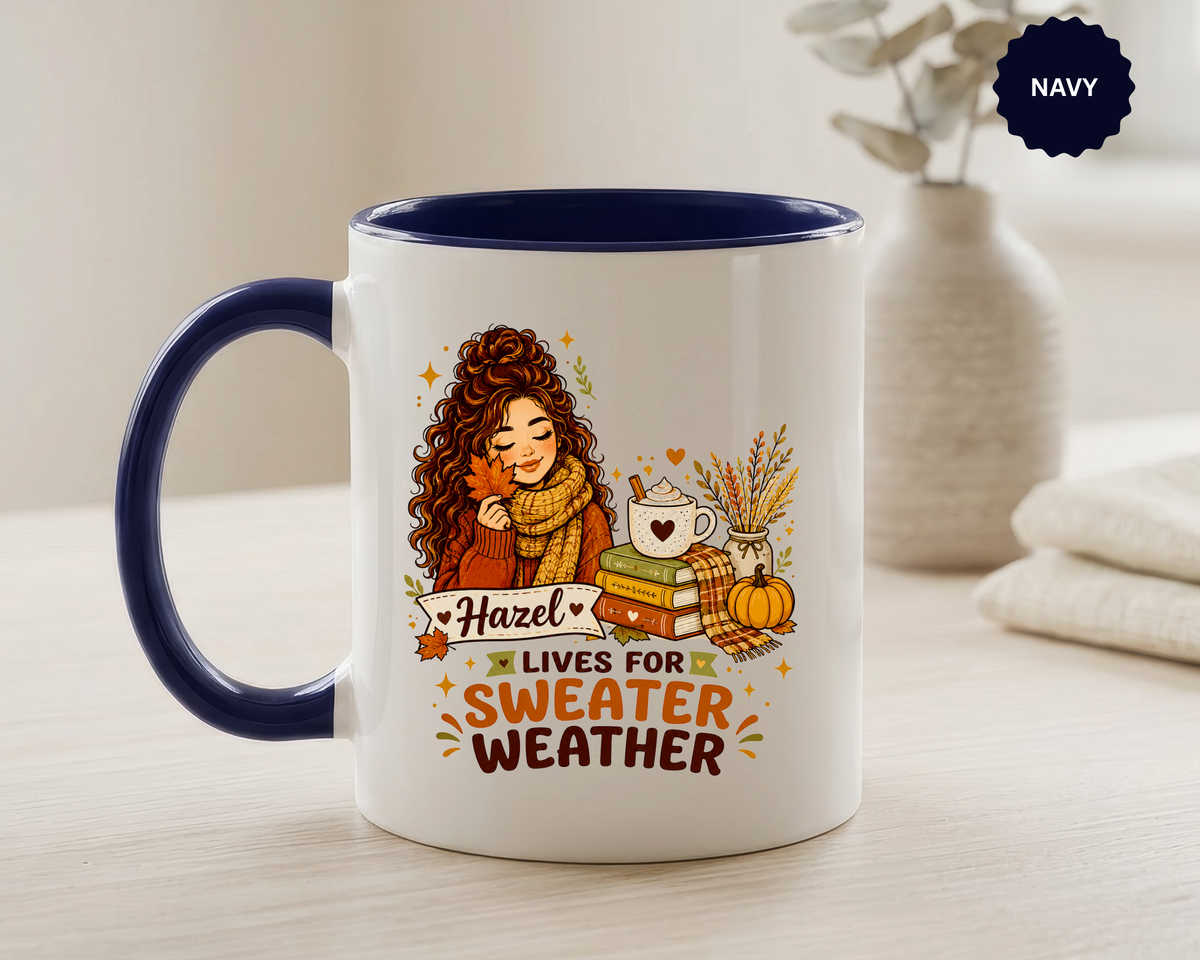 Personalized Sweater Weather Mug, Custom Name Fall Coffee Cup, Cozy Book Lover Gift for Her, Autumn Pumpkin and Reading Design