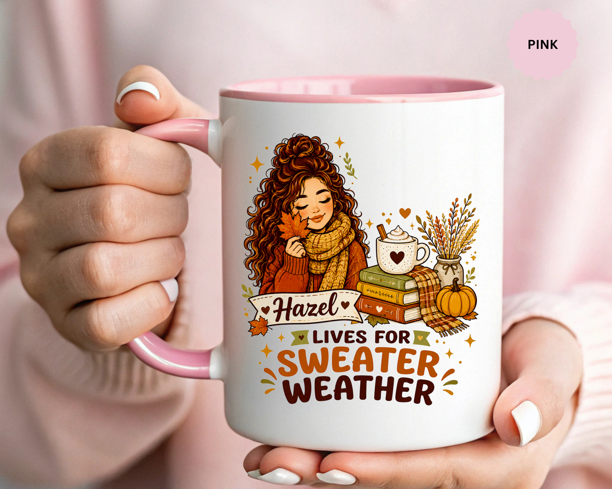 Personalized Sweater Weather Mug, Custom Name Fall Coffee Cup, Cozy Book Lover Gift for Her, Autumn Pumpkin and Reading Design