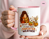 Personalized Sweater Weather Mug, Custom Name Fall Coffee Cup, Cozy Book Lover Gift for Her, Autumn Pumpkin and Reading Design