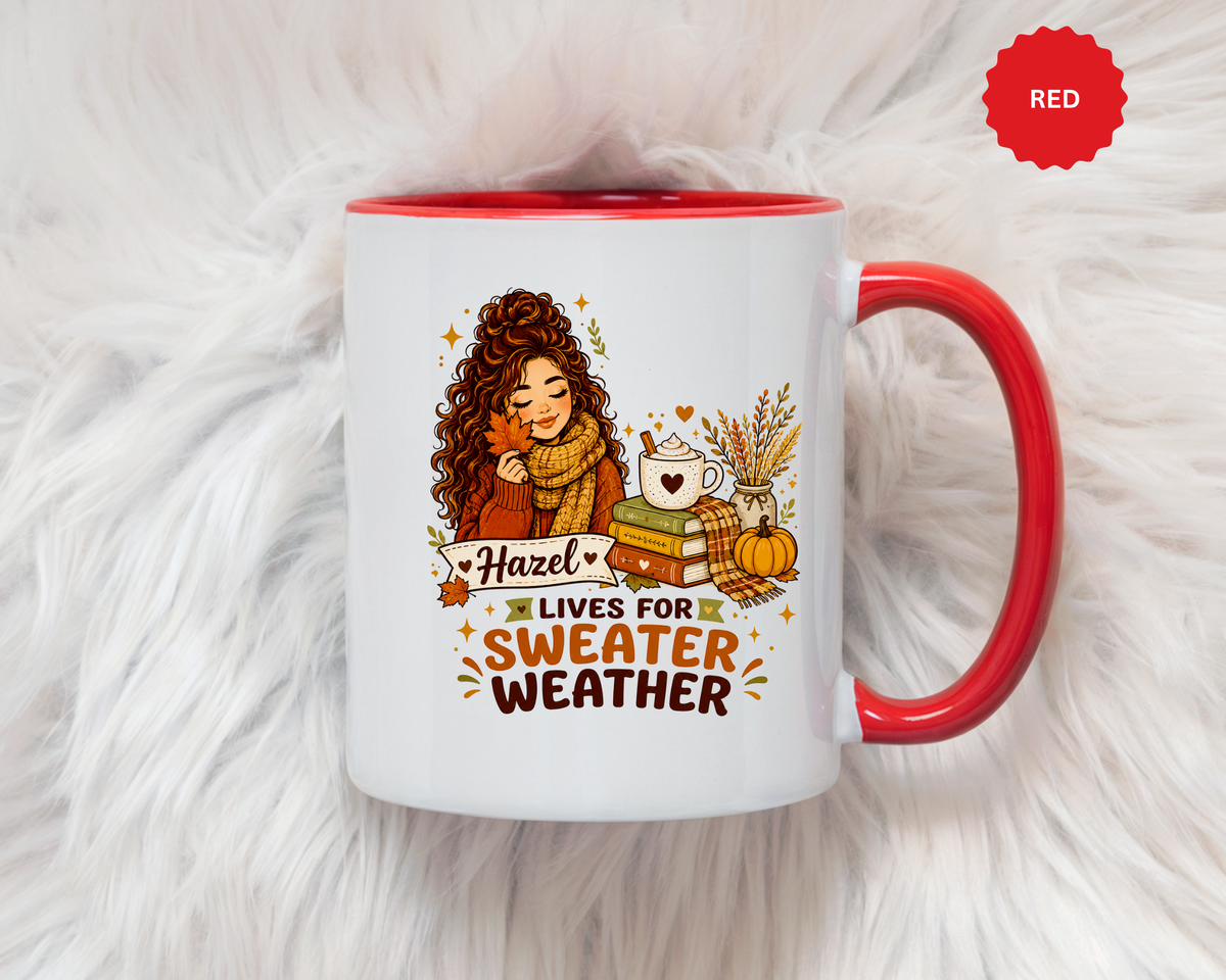 Personalized Sweater Weather Mug, Custom Name Fall Coffee Cup, Cozy Book Lover Gift for Her, Autumn Pumpkin and Reading Design