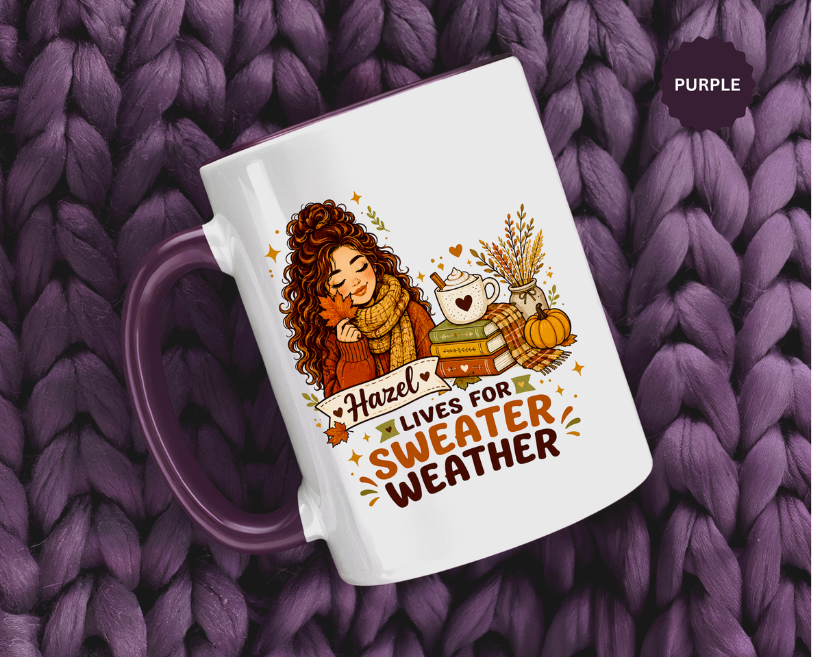 Personalized Sweater Weather Mug, Custom Name Fall Coffee Cup, Cozy Book Lover Gift for Her, Autumn Pumpkin and Reading Design