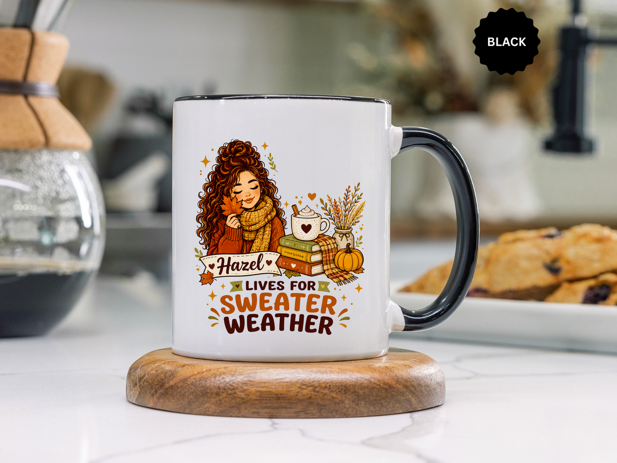 Personalized Sweater Weather Mug, Custom Name Fall Coffee Cup, Cozy Book Lover Gift for Her, Autumn Pumpkin and Reading Design