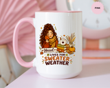 Personalized Sweater Weather Mug, Custom Name Fall Coffee Cup, Cozy Book Lover Gift for Her, Autumn Pumpkin and Reading Design