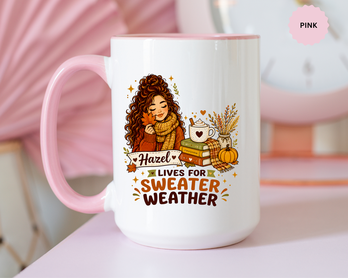 Personalized Sweater Weather Mug, Custom Name Fall Coffee Cup, Cozy Book Lover Gift for Her, Autumn Pumpkin and Reading Design