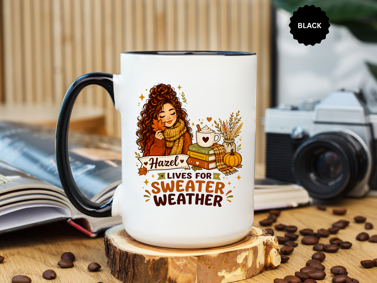 Personalized Sweater Weather Mug, Custom Name Fall Coffee Cup, Cozy Book Lover Gift for Her, Autumn Pumpkin and Reading Design