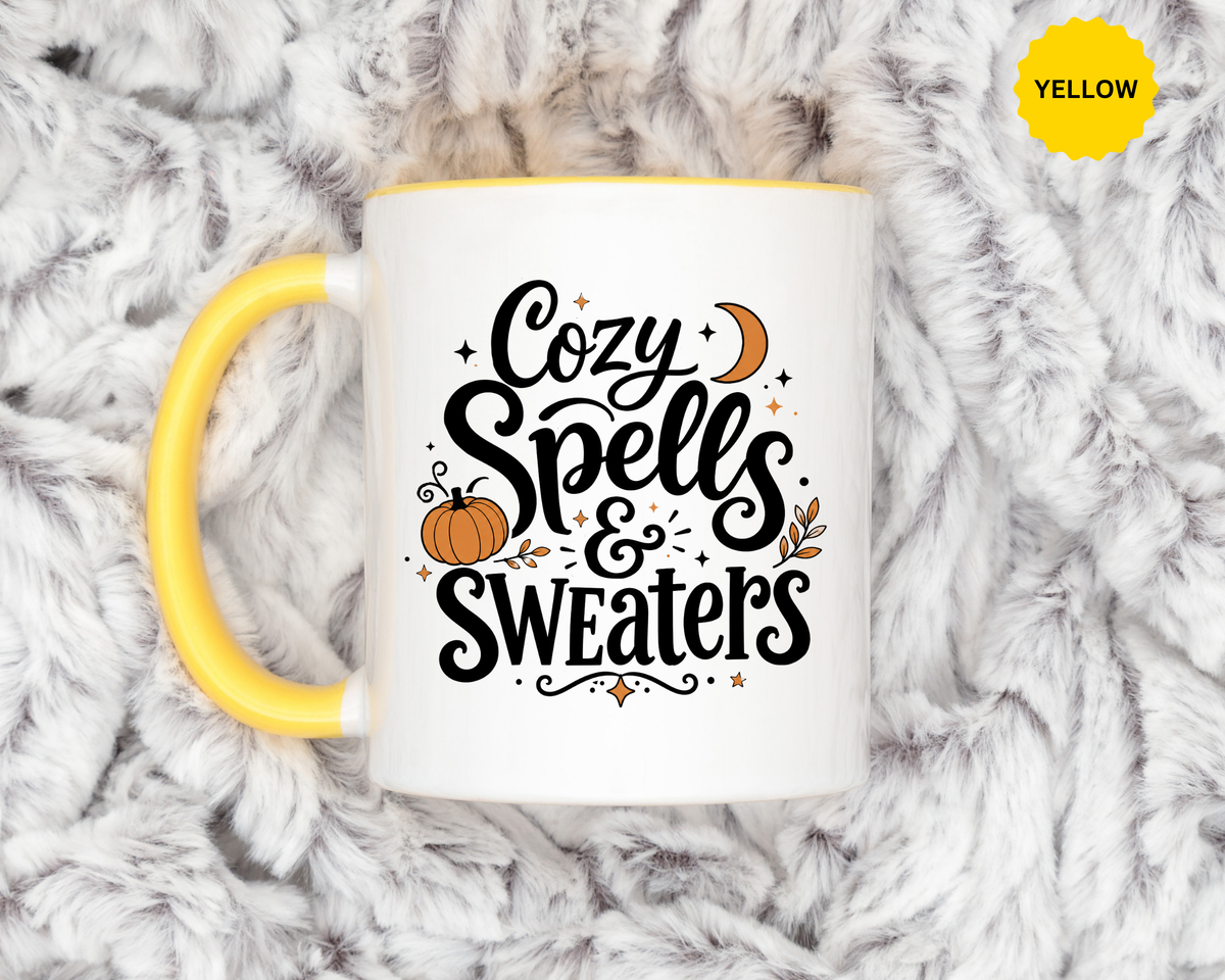 Cozy Spells and Sweaters Mug, Witchy Halloween Coffee Cup, Celestial Pumpkin Fall Gift for Her, Magical Spooky Season Drinkware
