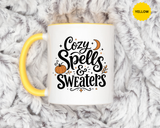 Cozy Spells and Sweaters Mug, Witchy Halloween Coffee Cup, Celestial Pumpkin Fall Gift for Her, Magical Spooky Season Drinkware