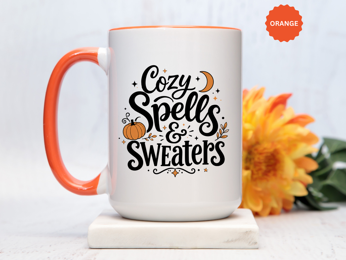 Cozy Spells and Sweaters Mug, Witchy Halloween Coffee Cup, Celestial Pumpkin Fall Gift for Her, Magical Spooky Season Drinkware