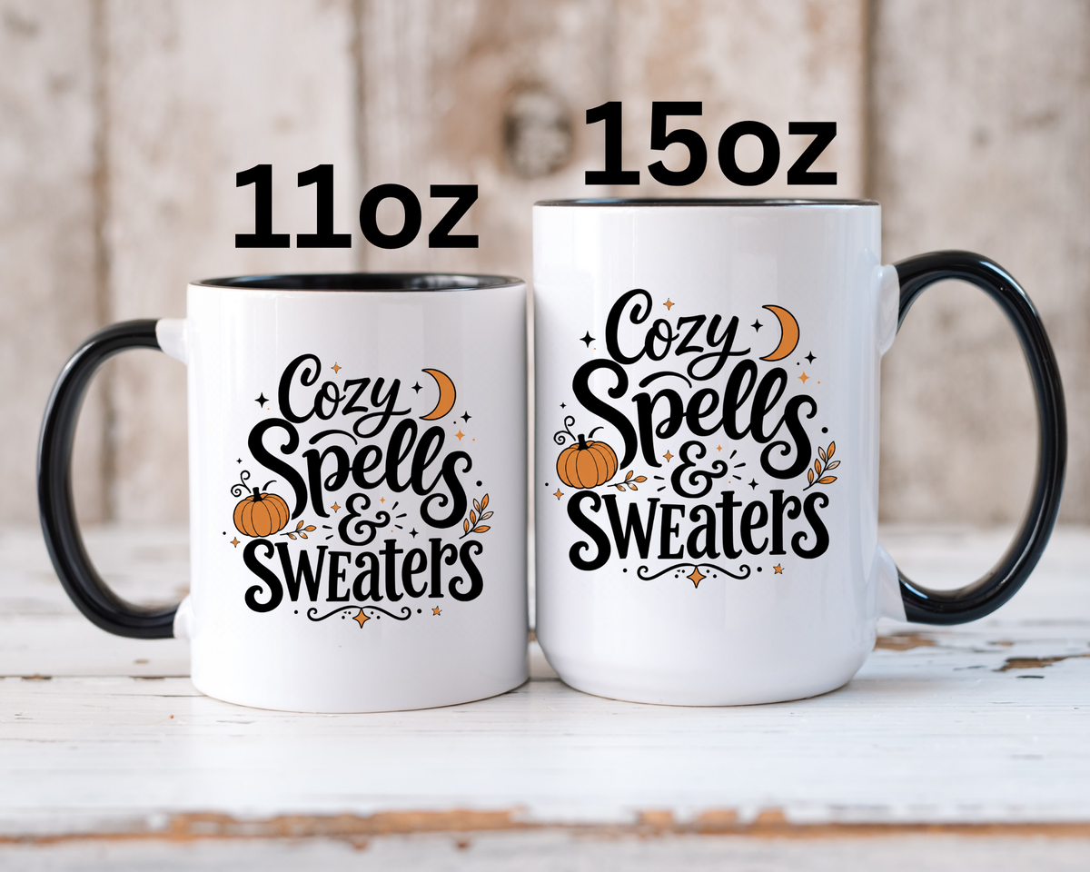 Cozy Spells and Sweaters Mug, Witchy Halloween Coffee Cup, Celestial Pumpkin Fall Gift for Her, Magical Spooky Season Drinkware
