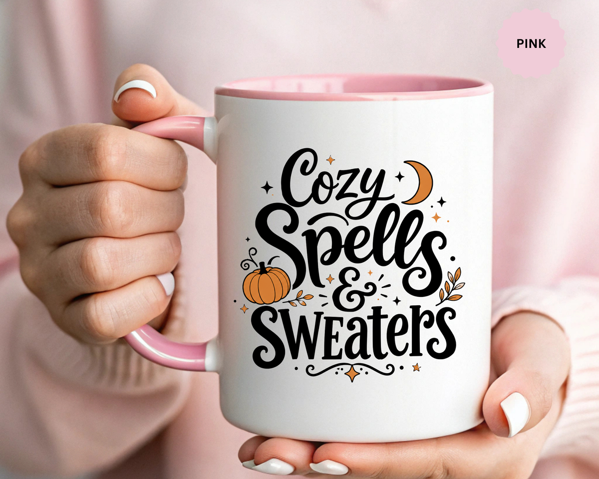 Cozy Spells and Sweaters Mug, Witchy Halloween Coffee Cup, Celestial Pumpkin Fall Gift for Her, Magical Spooky Season Drinkware