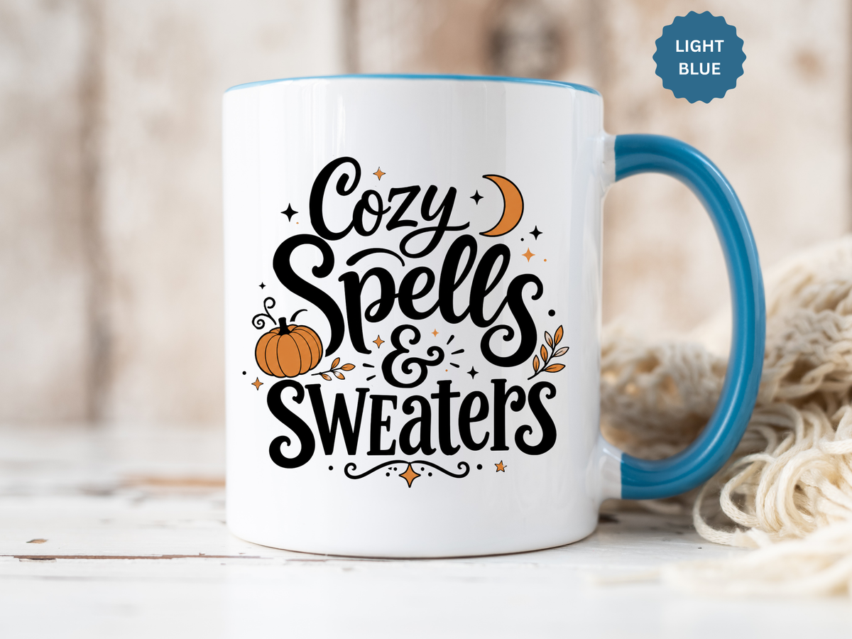 Cozy Spells and Sweaters Mug, Witchy Halloween Coffee Cup, Celestial Pumpkin Fall Gift for Her, Magical Spooky Season Drinkware