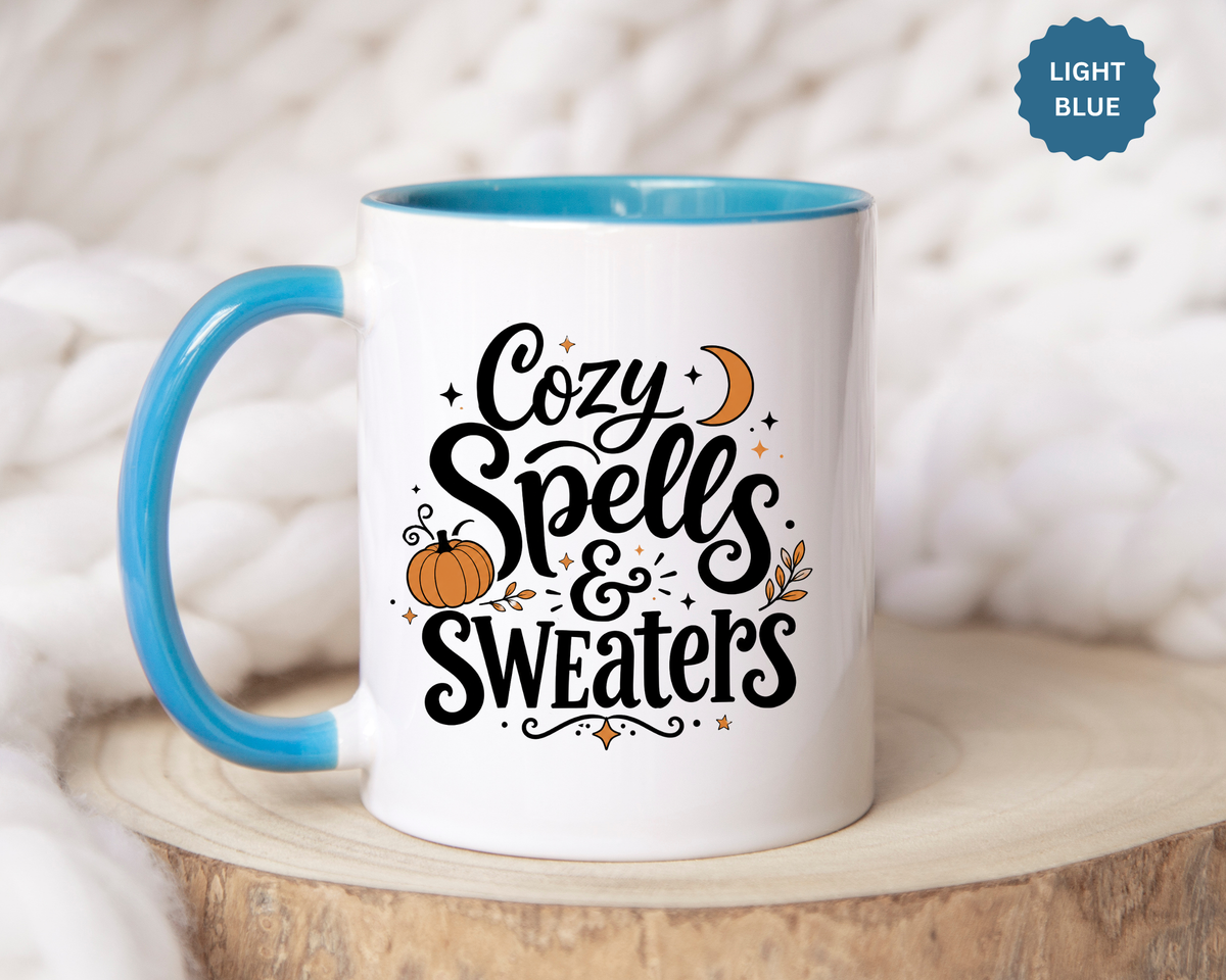 Cozy Spells and Sweaters Mug, Witchy Halloween Coffee Cup, Celestial Pumpkin Fall Gift for Her, Magical Spooky Season Drinkware