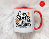 Cozy Spells and Sweaters Mug, Witchy Halloween Coffee Cup, Celestial Pumpkin Fall Gift for Her, Magical Spooky Season Drinkware