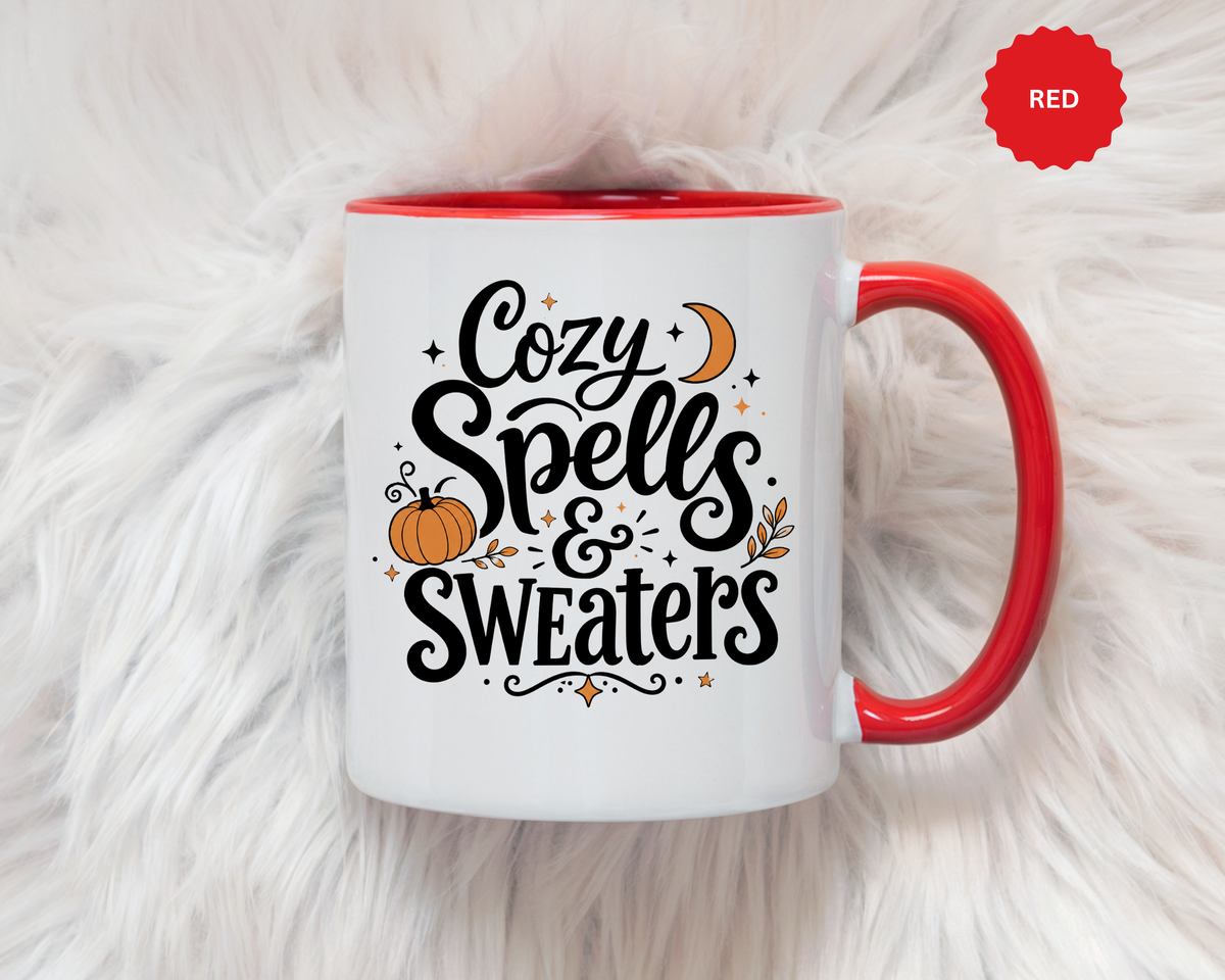 Cozy Spells and Sweaters Mug, Witchy Halloween Coffee Cup, Celestial Pumpkin Fall Gift for Her, Magical Spooky Season Drinkware