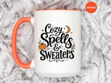 Cozy Spells and Sweaters Mug, Witchy Halloween Coffee Cup, Celestial Pumpkin Fall Gift for Her, Magical Spooky Season Drinkware