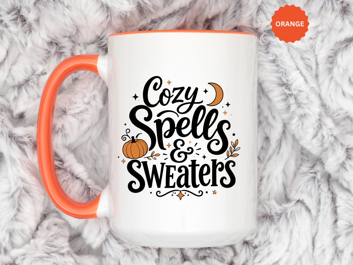 Cozy Spells and Sweaters Mug, Witchy Halloween Coffee Cup, Celestial Pumpkin Fall Gift for Her, Magical Spooky Season Drinkware