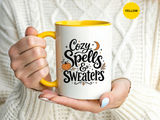 Cozy Spells and Sweaters Mug, Witchy Halloween Coffee Cup, Celestial Pumpkin Fall Gift for Her, Magical Spooky Season Drinkware