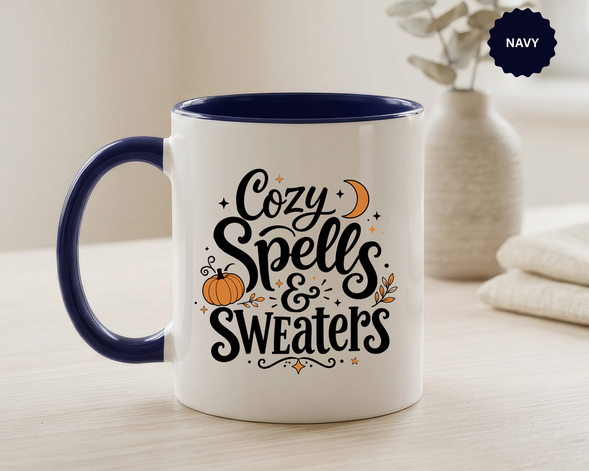 Cozy Spells and Sweaters Mug, Witchy Halloween Coffee Cup, Celestial Pumpkin Fall Gift for Her, Magical Spooky Season Drinkware