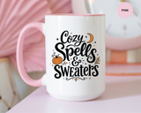 Cozy Spells and Sweaters Mug, Witchy Halloween Coffee Cup, Celestial Pumpkin Fall Gift for Her, Magical Spooky Season Drinkware