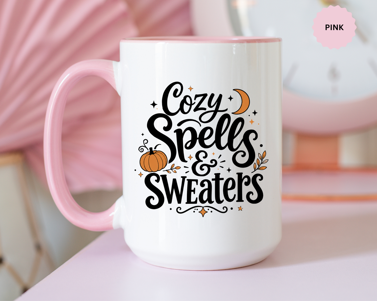 Cozy Spells and Sweaters Mug, Witchy Halloween Coffee Cup, Celestial Pumpkin Fall Gift for Her, Magical Spooky Season Drinkware