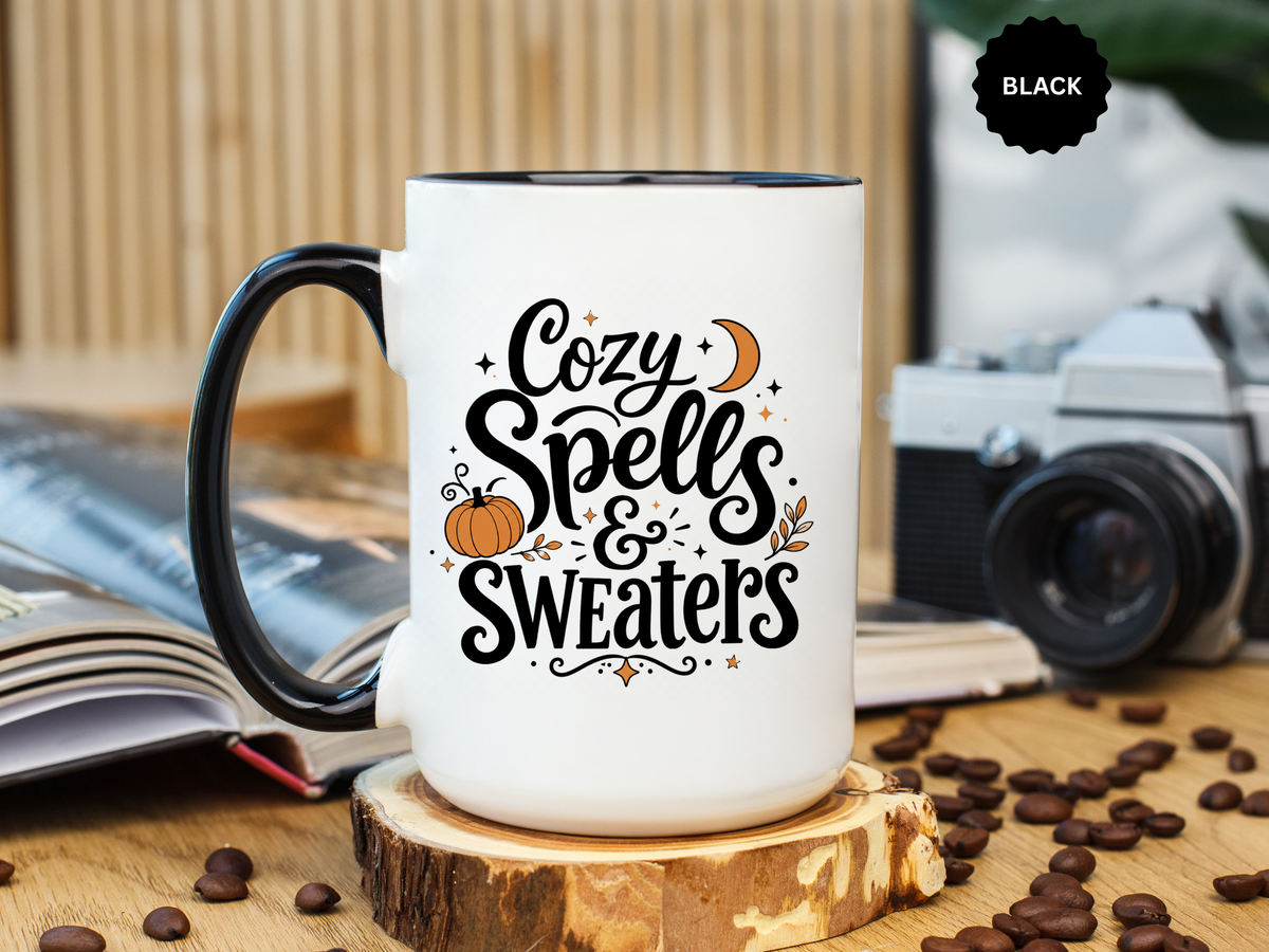 Cozy Spells and Sweaters Mug, Witchy Halloween Coffee Cup, Celestial Pumpkin Fall Gift for Her, Magical Spooky Season Drinkware