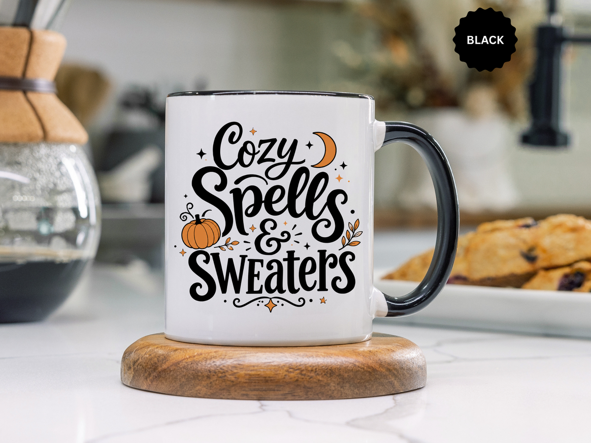 Cozy Spells and Sweaters Mug, Witchy Halloween Coffee Cup, Celestial Pumpkin Fall Gift for Her, Magical Spooky Season Drinkware