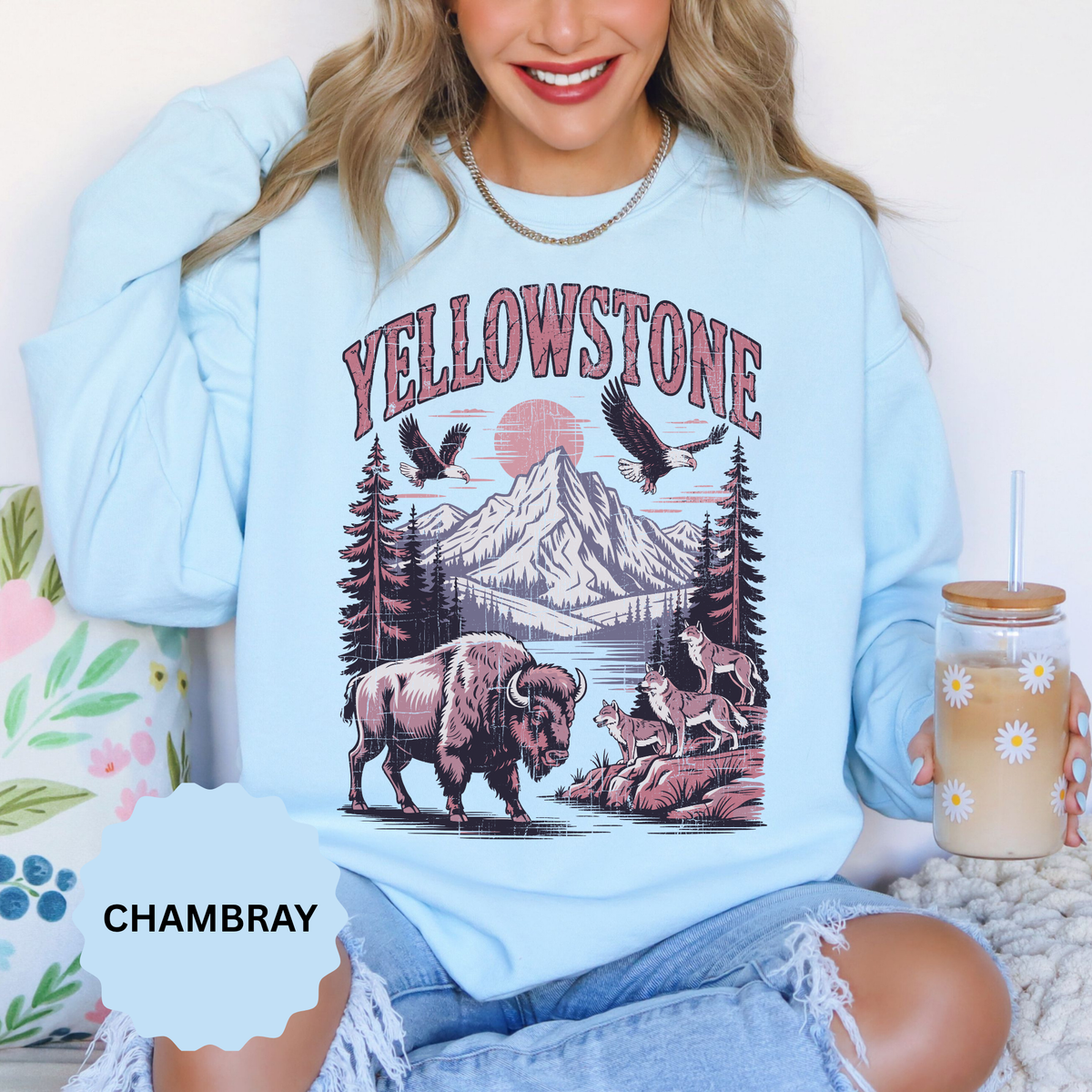 Yellowstone Wildlife Sweatshirt, Bison Wolf Eagle Mountain Crewneck, National Park Lover Gift, Western Nature Graphic Cozy Pullover