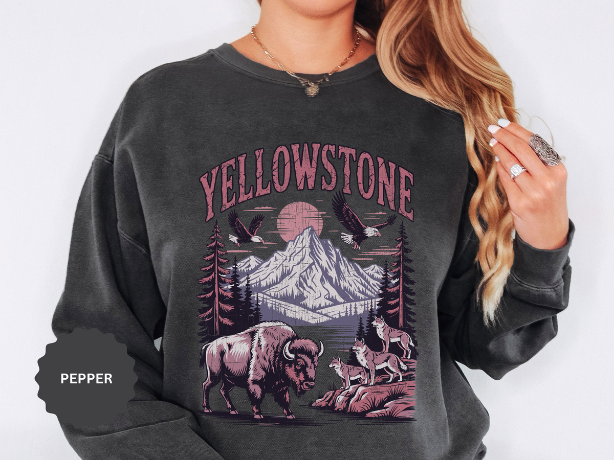 Yellowstone Wildlife Sweatshirt, Bison Wolf Eagle Mountain Crewneck, National Park Lover Gift, Western Nature Graphic Cozy Pullover