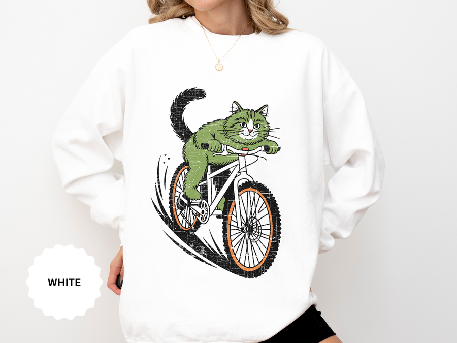 Mountain Bike Cat Sweatshirt, Funny Cycling Kitty Crewneck, Cat Lover Gift, Outdoor Adventure Graphic Cozy Biker Pullover Shirt Top