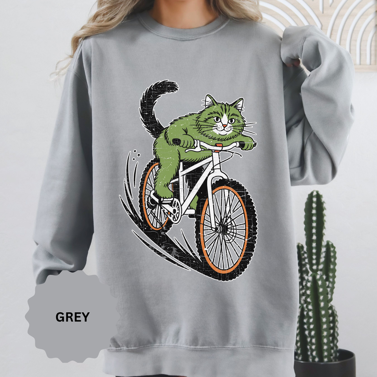 Mountain Bike Cat Sweatshirt, Funny Cycling Kitty Crewneck, Cat Lover Gift, Outdoor Adventure Graphic Cozy Biker Pullover Shirt Top