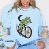 Mountain Bike Cat Sweatshirt, Funny Cycling Kitty Crewneck, Cat Lover Gift, Outdoor Adventure Graphic Cozy Biker Pullover Shirt Top