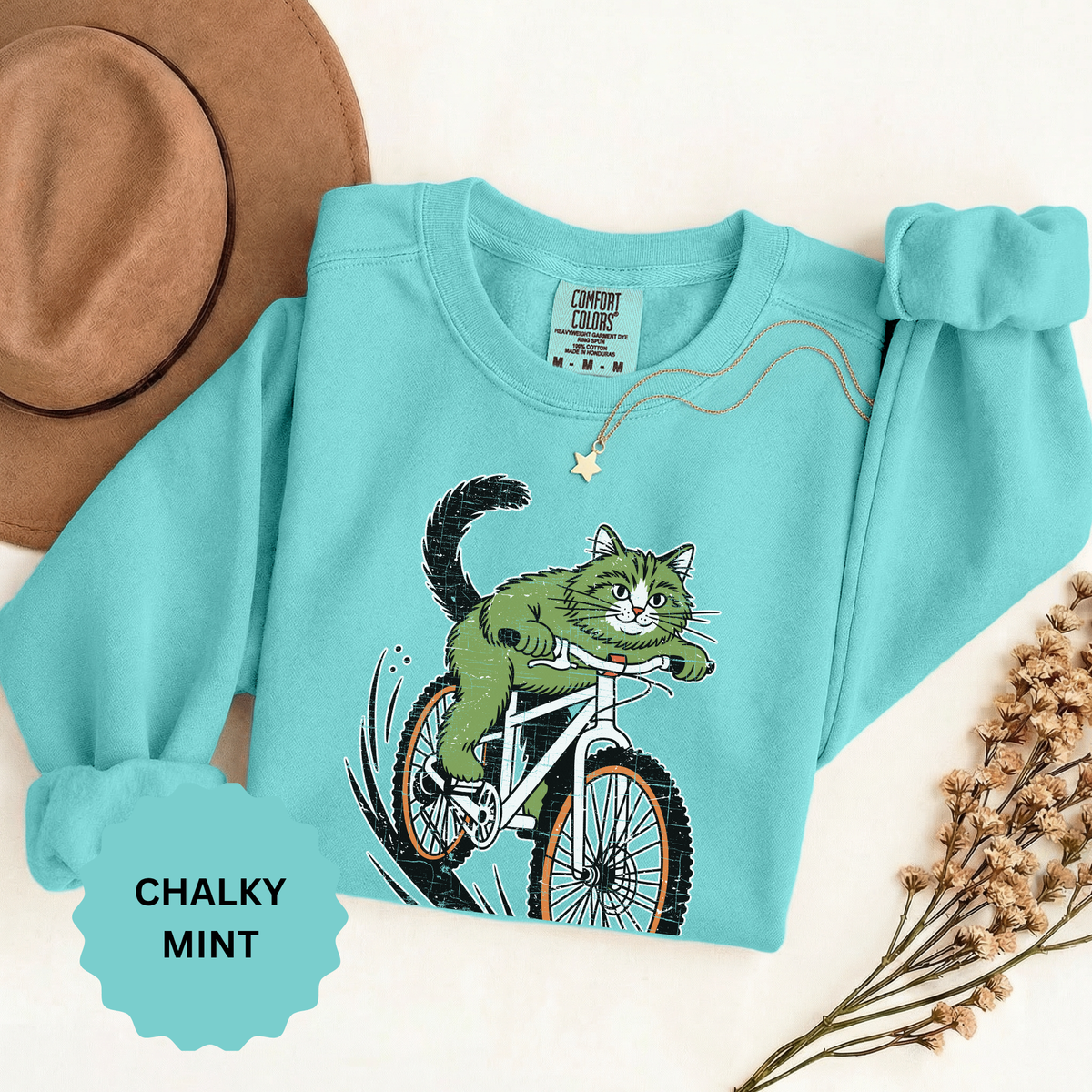 Mountain Bike Cat Sweatshirt, Funny Cycling Kitty Crewneck, Cat Lover Gift, Outdoor Adventure Graphic Cozy Biker Pullover Shirt Top