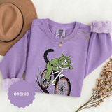 Mountain Bike Cat Sweatshirt, Funny Cycling Kitty Crewneck, Cat Lover Gift, Outdoor Adventure Graphic Cozy Biker Pullover Shirt Top