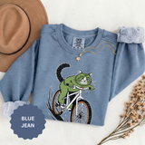 Mountain Bike Cat Sweatshirt, Funny Cycling Kitty Crewneck, Cat Lover Gift, Outdoor Adventure Graphic Cozy Biker Pullover Shirt Top