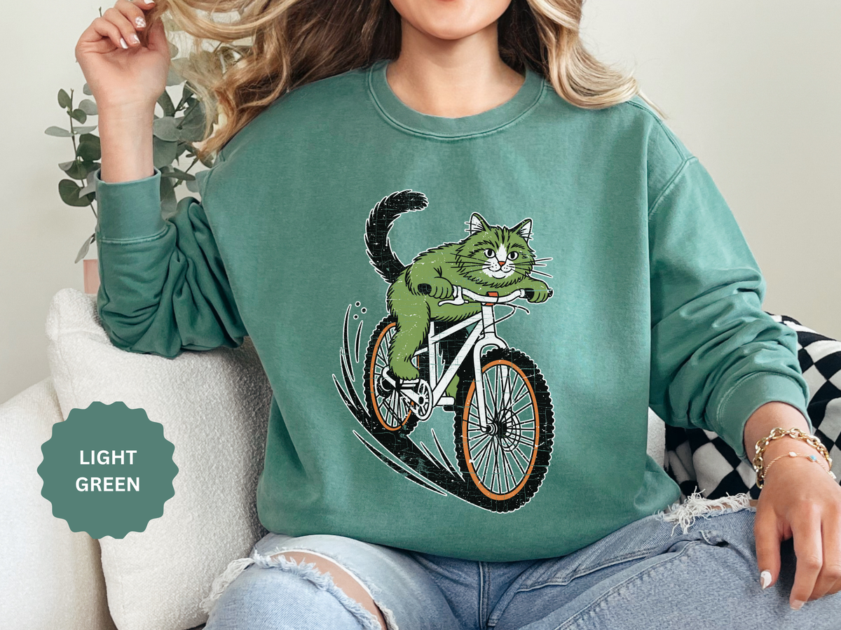 Mountain Bike Cat Sweatshirt, Funny Cycling Kitty Crewneck, Cat Lover Gift, Outdoor Adventure Graphic Cozy Biker Pullover Shirt Top